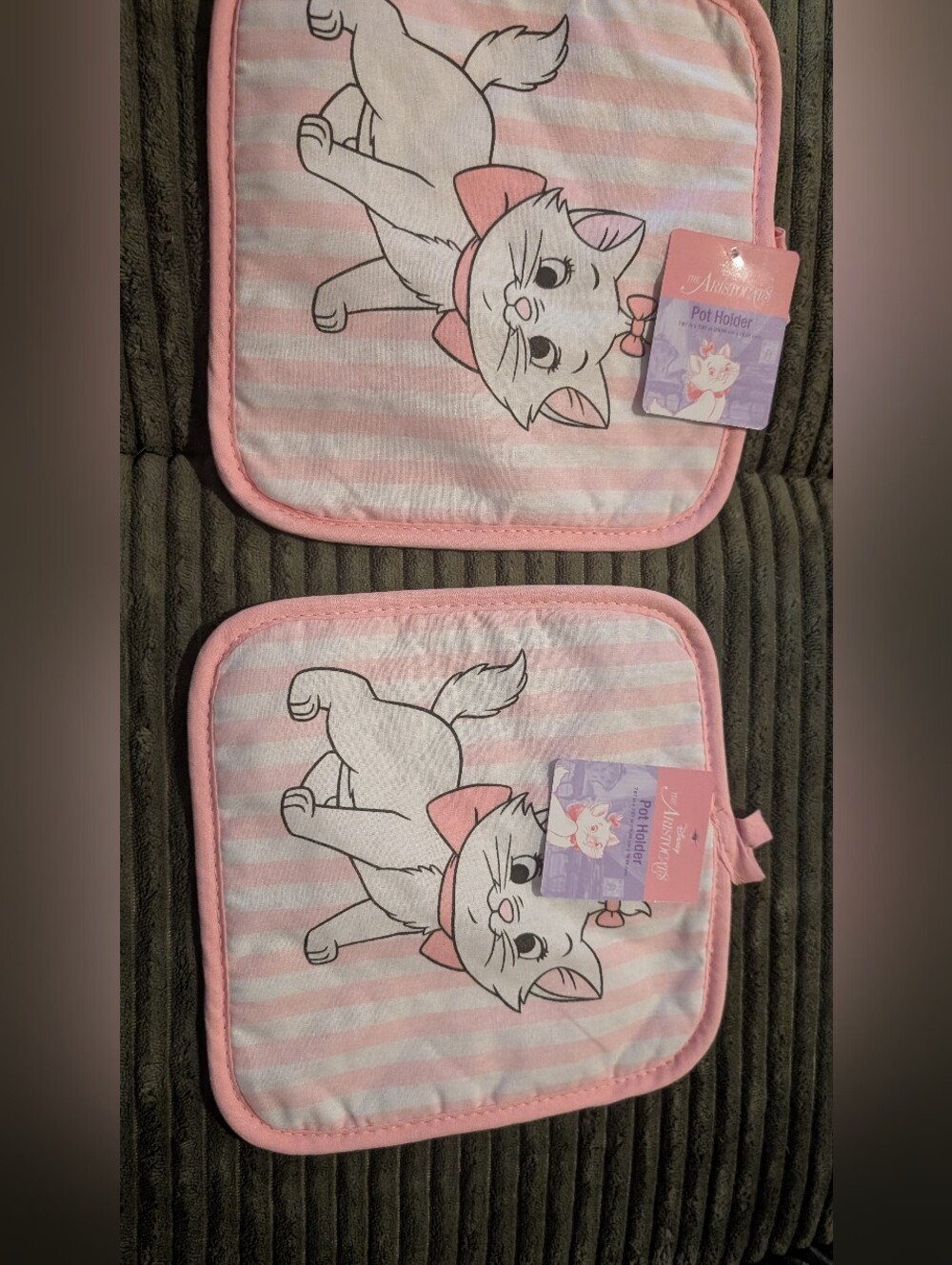 New Disney Pink and White Striped Marie Pot Holders- Set of 2